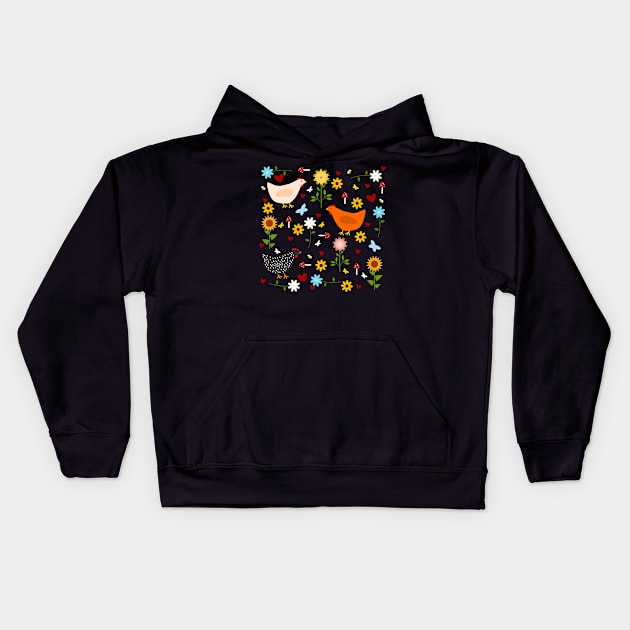 Chickens in the Garden with Sunflowers, Daisies, Dahlias, Hearts, and Mushrooms Kids Hoodie by DandelionDays
